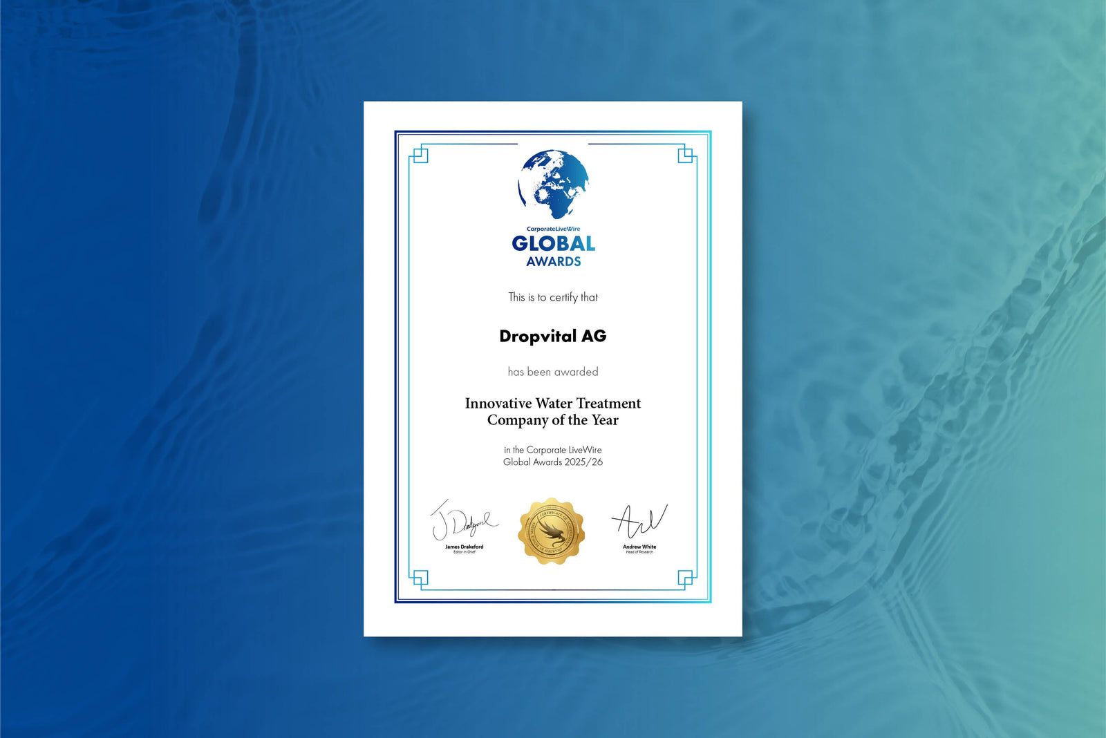 Dropvital gewinnt den Global Award 2025/26 als «Innovative Water Treatment Company of the Year»